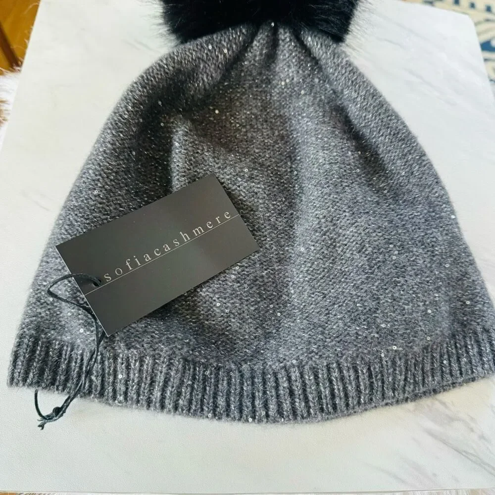 Sofia Cashmere Sequin 100%‎ Cashmere Beanie with Faux Fur Pompom Gray/Black, NWT